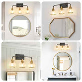 Collage of wall-mounted mirrors with lighting fixtures in various settings.