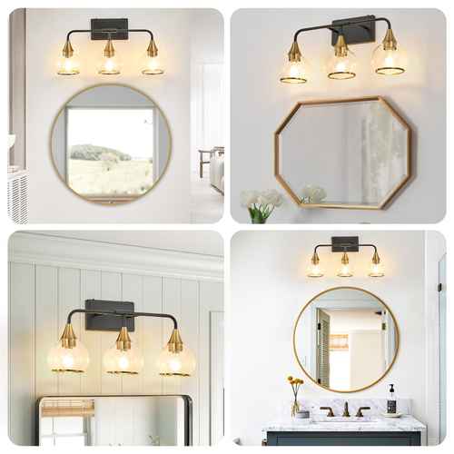 Collage of wall-mounted mirrors with lighting fixtures in various settings.