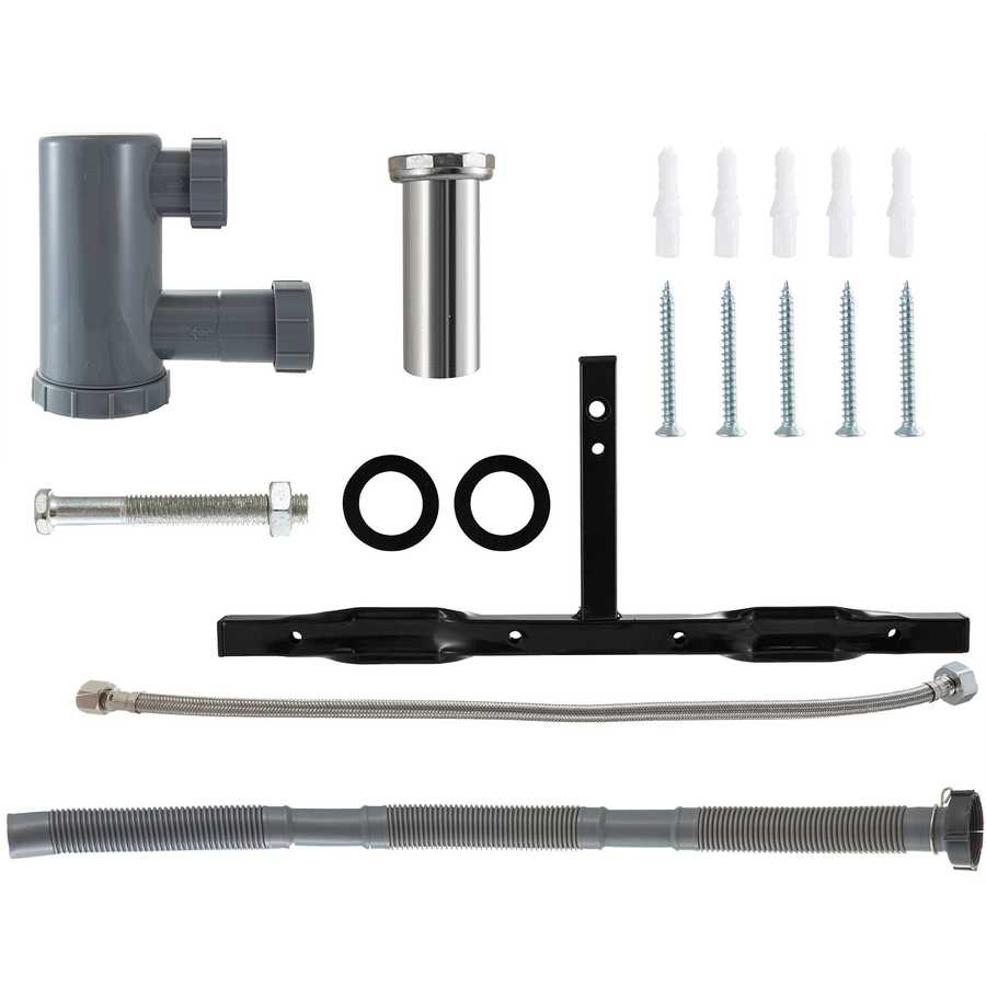 Set of plumbing components including pipes, brackets, and screws on a white background