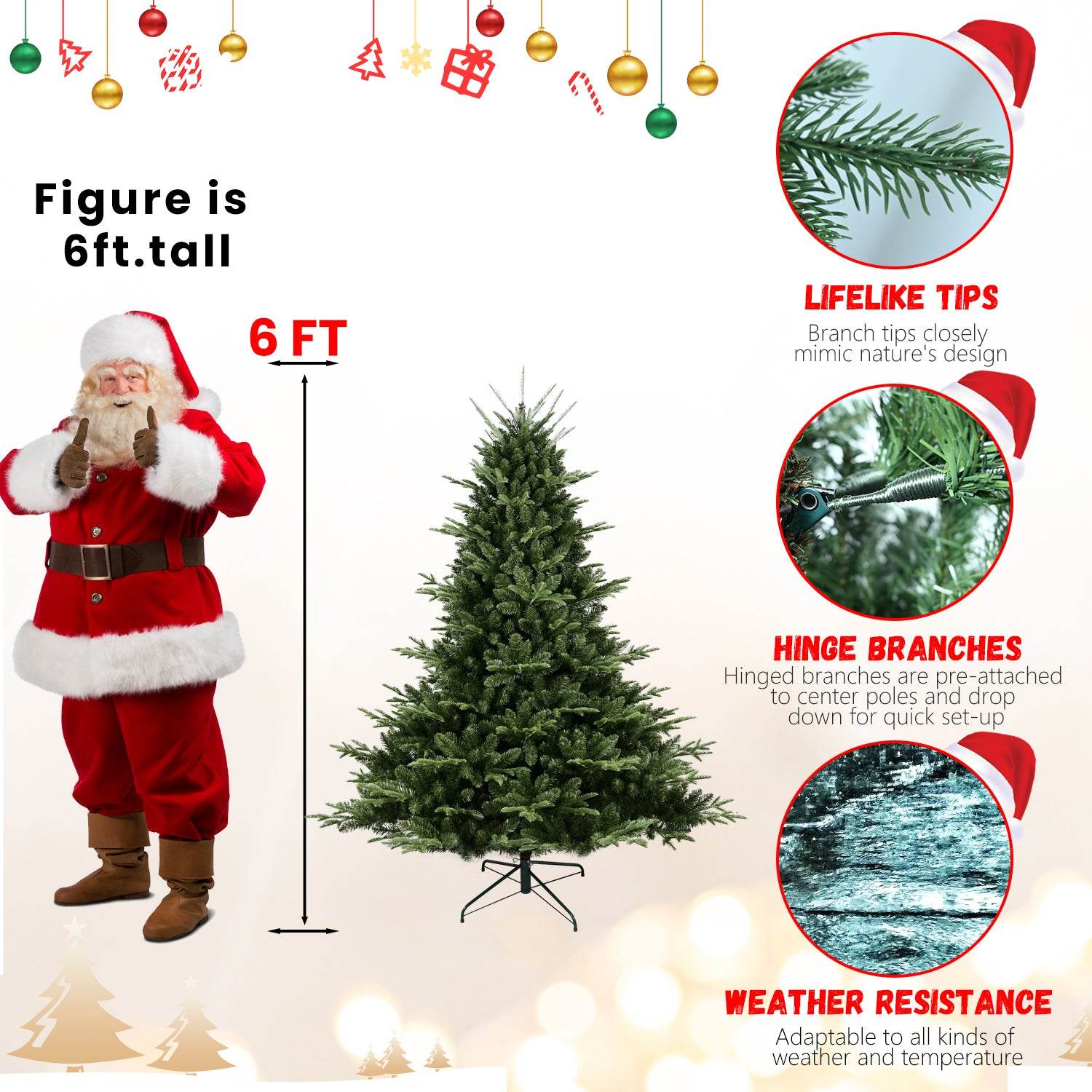 Full-Shaped 6FT Christmas Tree with 1673 Tips – PE/PVC Mixed Needles, Wide Base for Large Spaces, Hinged Structure for Easy Setup, Metal Stand for Strong Support*