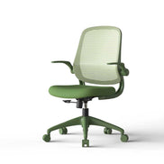 Green office chair with mesh back on a white background