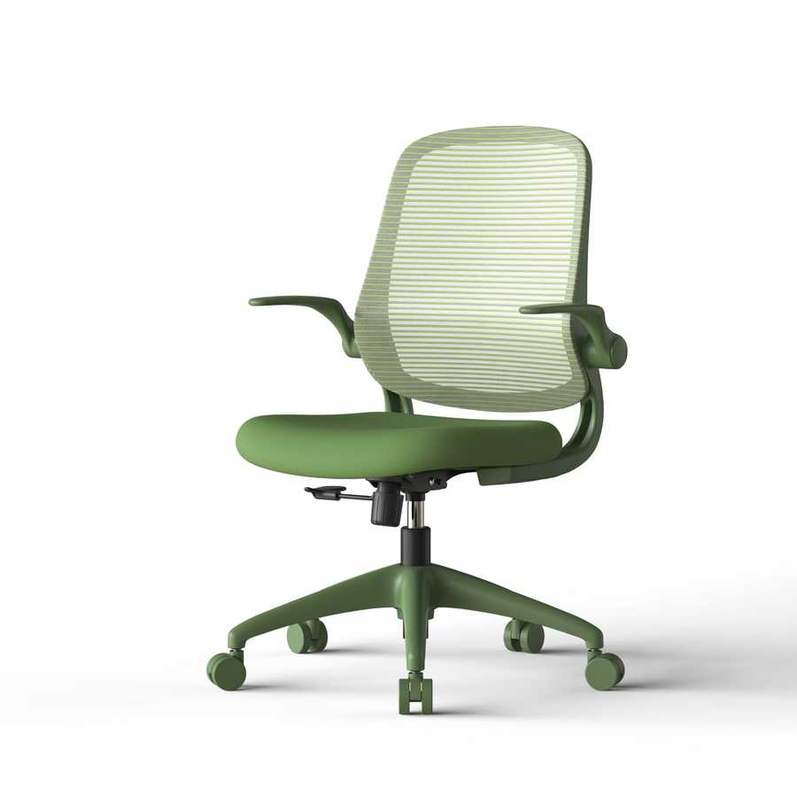 Green office chair with mesh back on a white background
