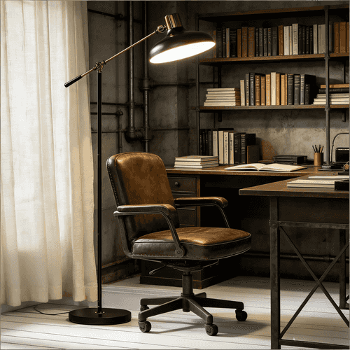 A brown leather office chair with a black metal base and five wheels, positioned in a styled home office next to a black floor lamp with a brass lampshade.
