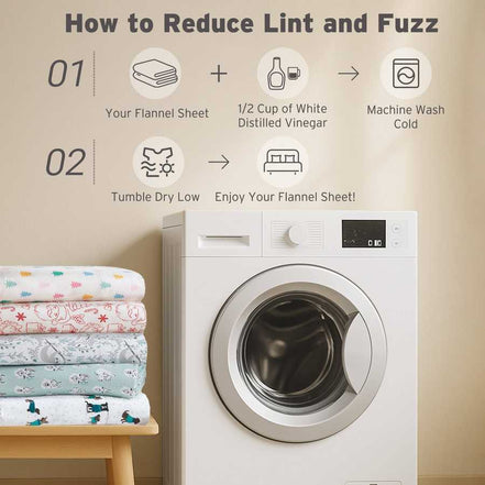 Holiday Doodles - Twin XL Cotton Flannel Sheet Set care guide showing how to reduce lint and fuzz using vinegar and cold wash for long-lasting softness.