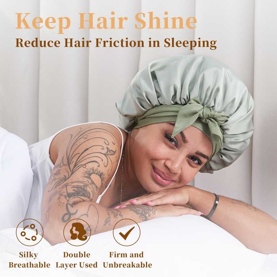 Women wearing silk bonnet for hair shine and moisture retention