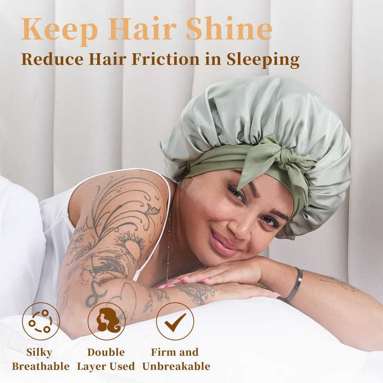 Women wearing silk bonnet for hair shine and moisture retention