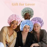 Silk sleep bonnets for women in pastel colors, adjustable fit, double layer design, hair care accessories