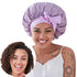 Women wearing purple silk sleep bonnet for hair care