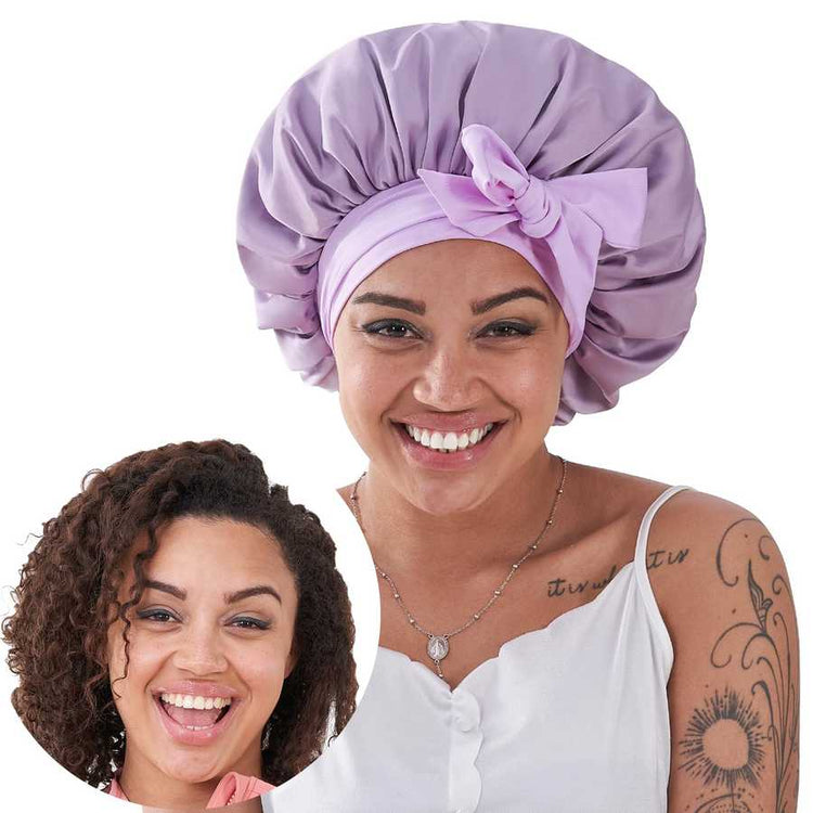 Women wearing purple silk sleep bonnet for hair care