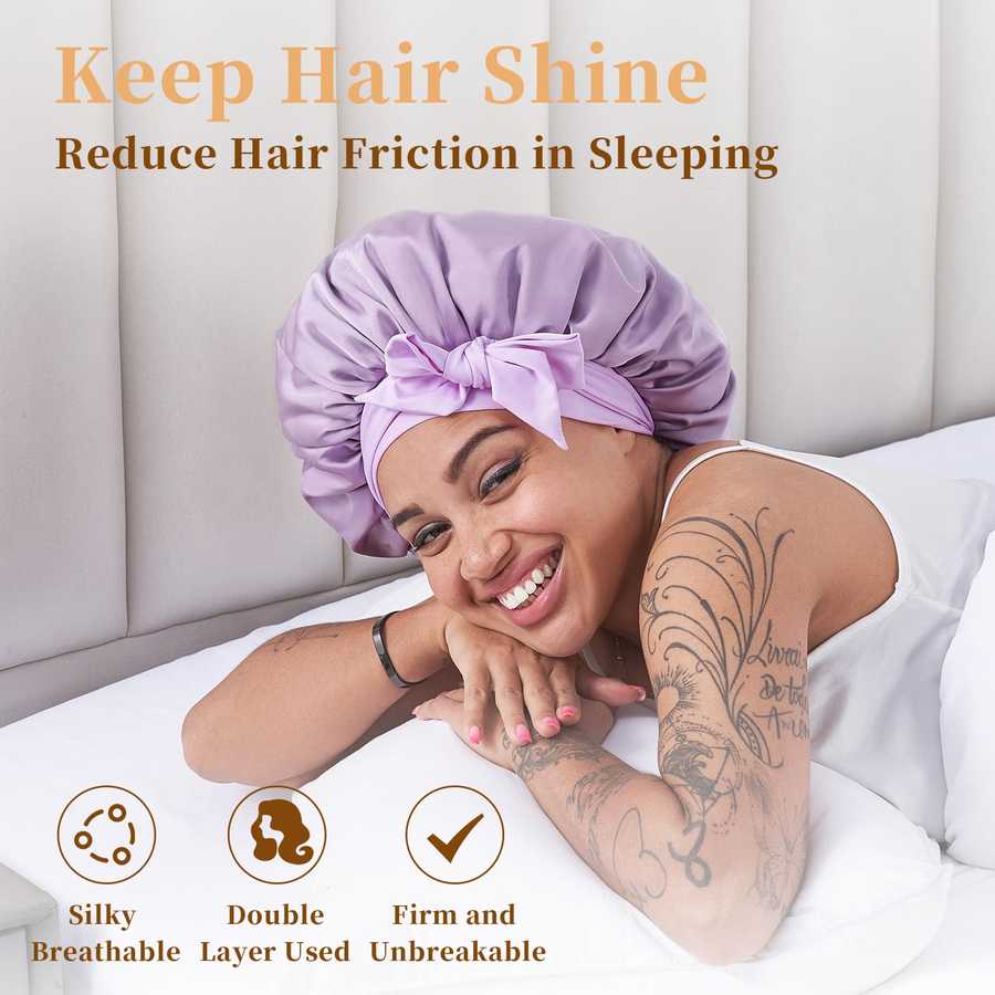 Silk bonnet for hair shine and frizz reduction with layered info