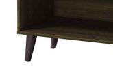 Close-up of dark wood modern TV stand with angled legs, featuring open shelves and cabinet space for TVs up to 47.3 inches.