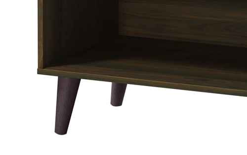 Close-up of dark wood modern TV stand with angled legs, featuring open shelves and cabinet space for TVs up to 47.3 inches.