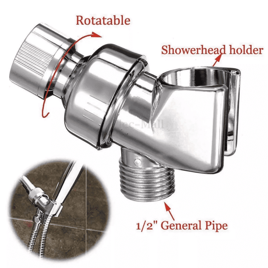 Metal showerhead holder with annotations on a white background