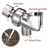 Metal showerhead holder with annotations on a white background