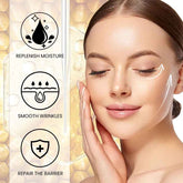Woman touching her face with icons indicating product benefits on the left