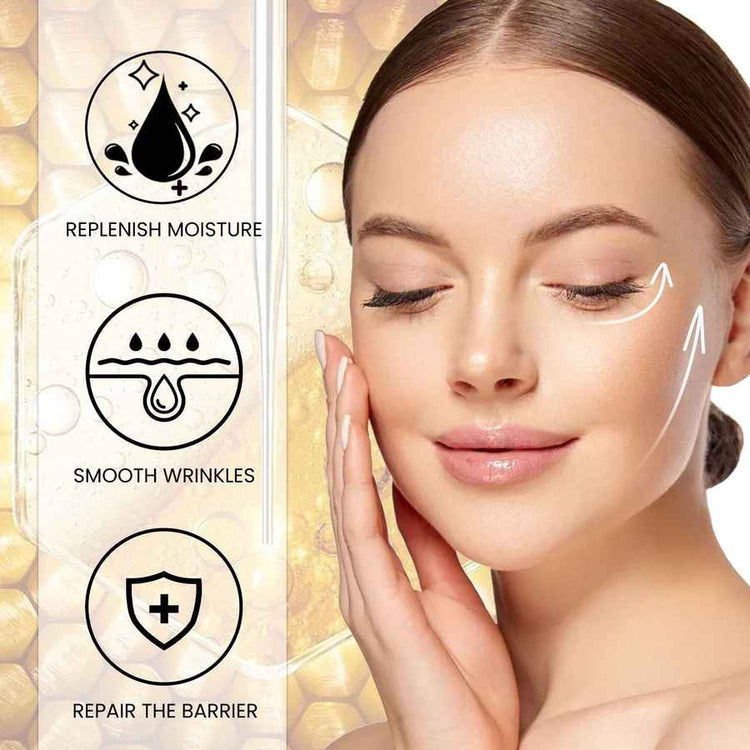 Woman touching her face with icons indicating product benefits on the left