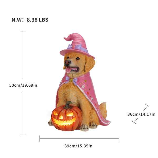 A golden retriever figurine dressed as a witch with a pink hat, cape, and glowing jack-o&