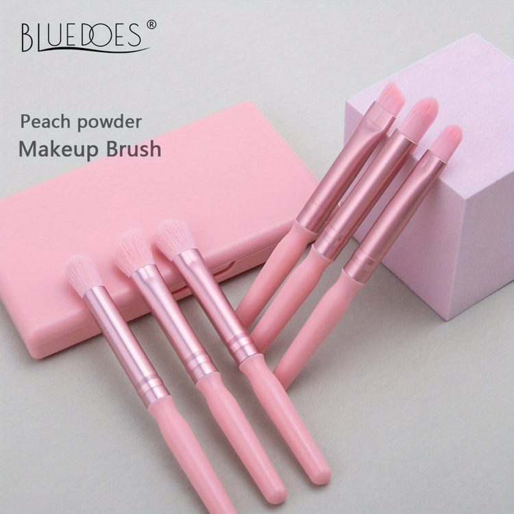 Peach pink beginner makeup brush set with soft bristles, ideal for eyeshadow and powder application, displayed with case.