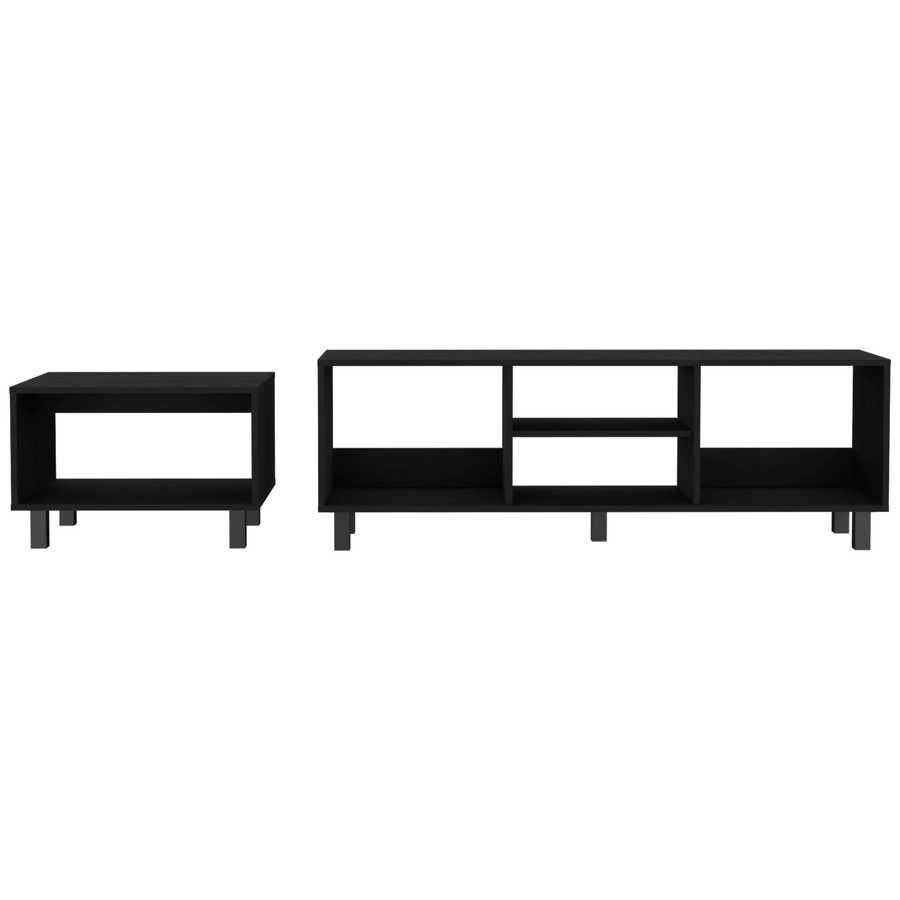 Carter Black TV Stand and Coffee Table set with clean lines and open compartments. Perfect for stylish living room organization.