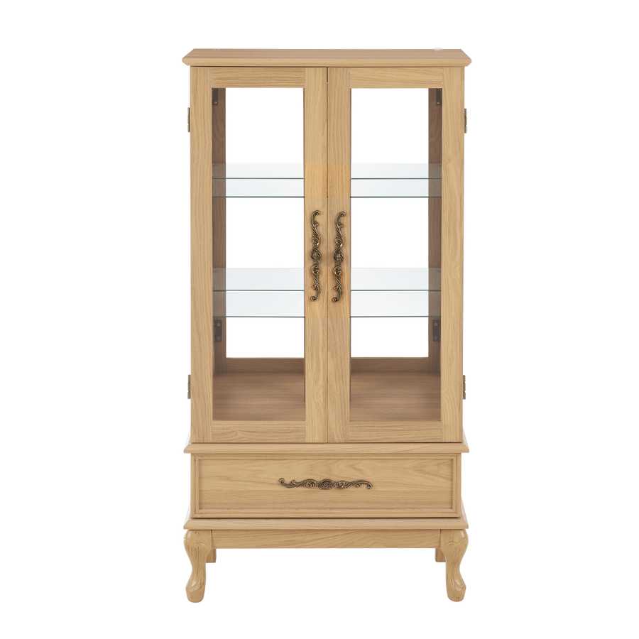 Front view of empty lighted curio cabinet with glass shelves and drawer, ideal for showcasing collectibles and decor.