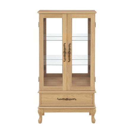 Front view of empty lighted curio cabinet with glass shelves and drawer, ideal for showcasing collectibles and decor.