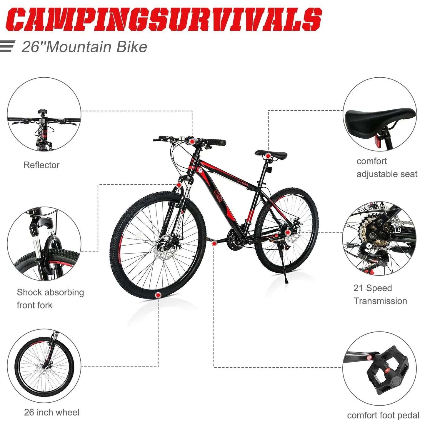 26 Inch 21 Speed Explorer Red Black Mountain Bike MLNshops]