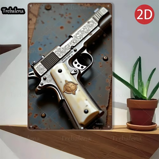Vintage Western Gun Wall Sign 8x12 Inch Decor featuring an engraved pistol on rustic metal background, ideal for Western-themed home decor.