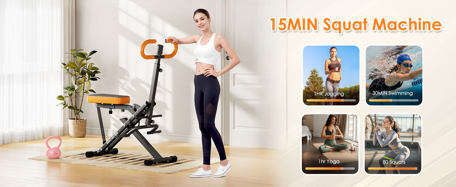 Woman standing beside Squat Machine Home - Adjustable Resistance, highlighting 15-minute workout benefits vs other exercises.