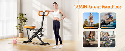 Woman standing beside Squat Machine Home - Adjustable Resistance, highlighting 15-minute workout benefits vs other exercises.