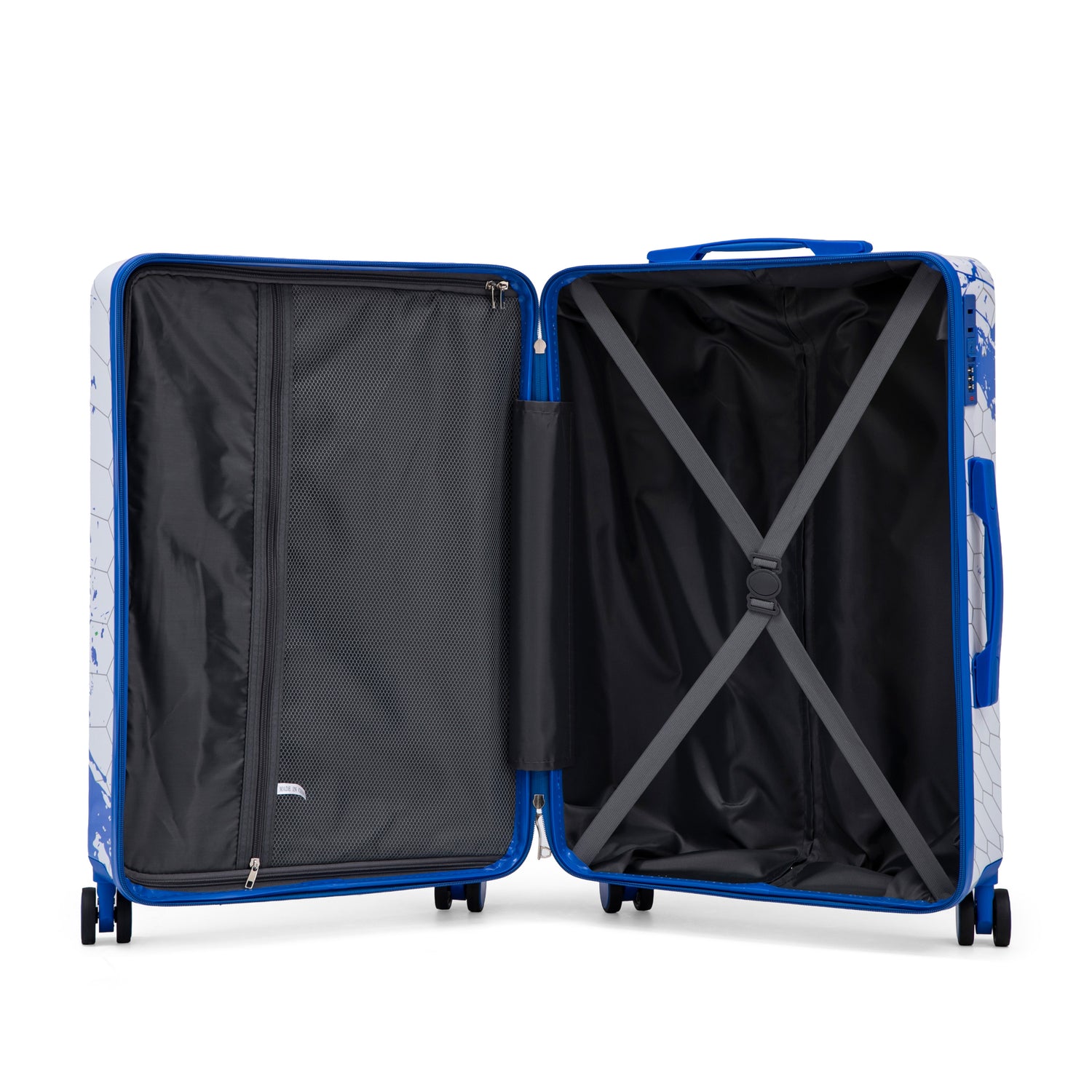 Open blue suitcase with black interior on a white background