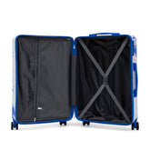 Open blue suitcase with black interior on a white background