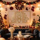 Iron Mandala Lotus Wall Art featured in a festive living room with Christmas decorations, blending Zen style with holiday luxury decor.