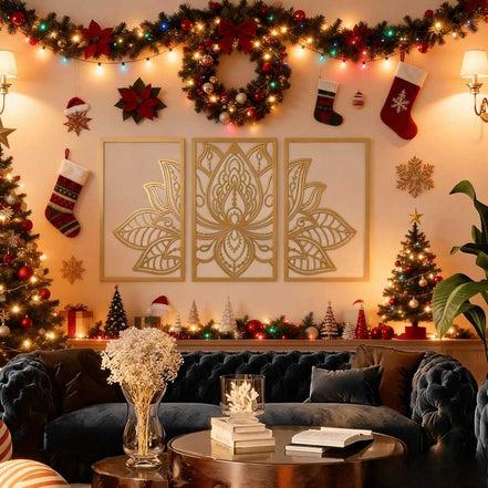 Iron Mandala Lotus Wall Art featured in a festive living room with Christmas decorations, blending Zen style with holiday luxury decor.