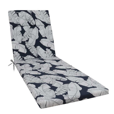 Navy blue and white leaf-patterned chair cushion on a white background