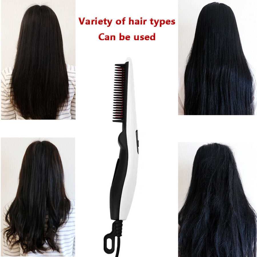 Hand holding electric hair straightening comb for styling beards and hair