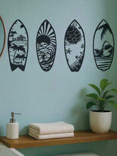 Durable iron surfboard wall art with tropical and marine designs, perfect for bathroom coastal decor and easy wall installation.