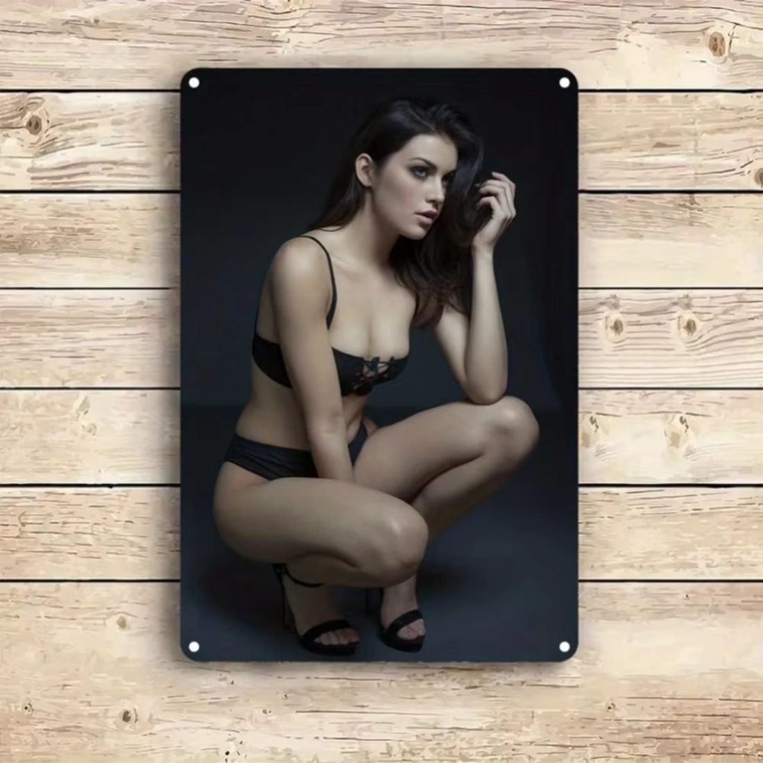 CIFbuy Retro Aluminum Wall Decor mounted on wooden planks, showcasing a 2D vintage-style image for indoor or outdoor novelty decoration.