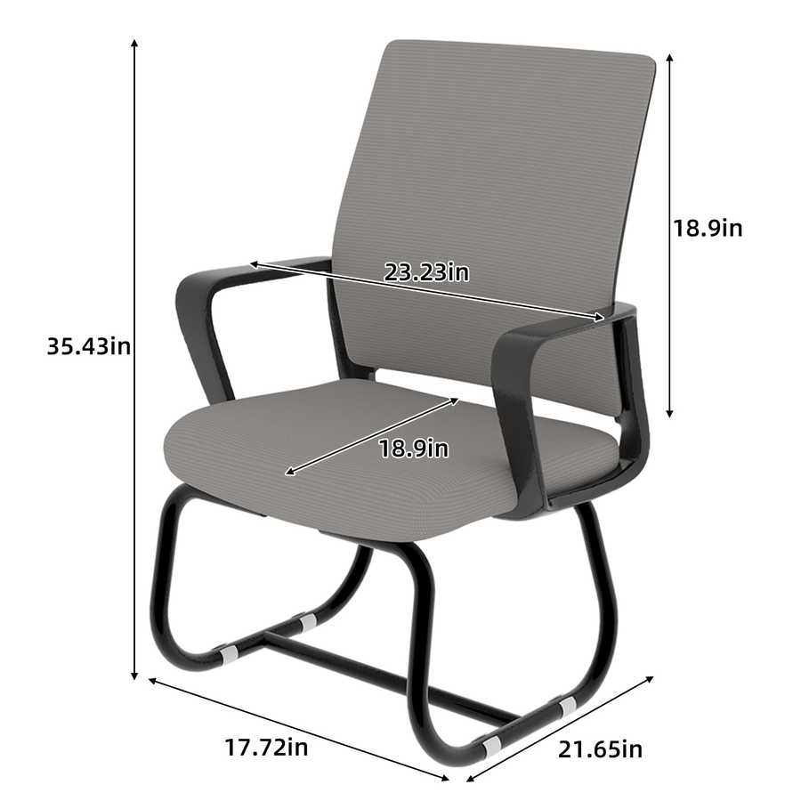Gray office chair with dimensions marked on a white background