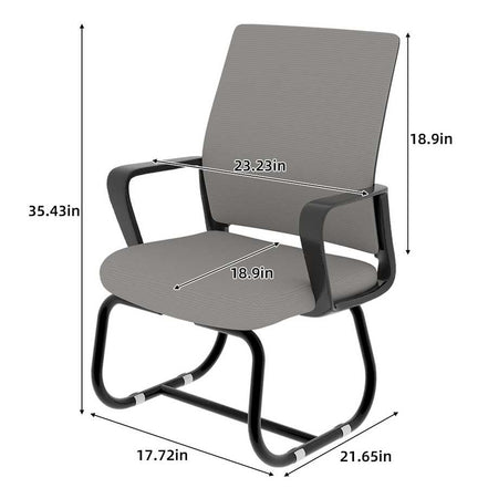 Gray office chair with dimensions marked on a white background