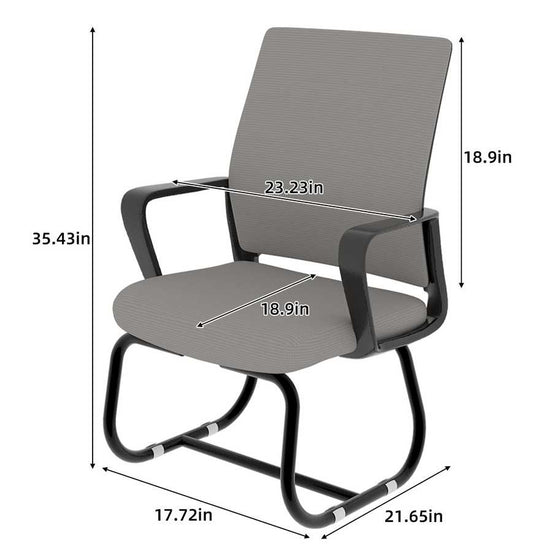 Gray office chair with dimensions marked on a white background