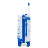 White suitcase with blue splatter design on a white background