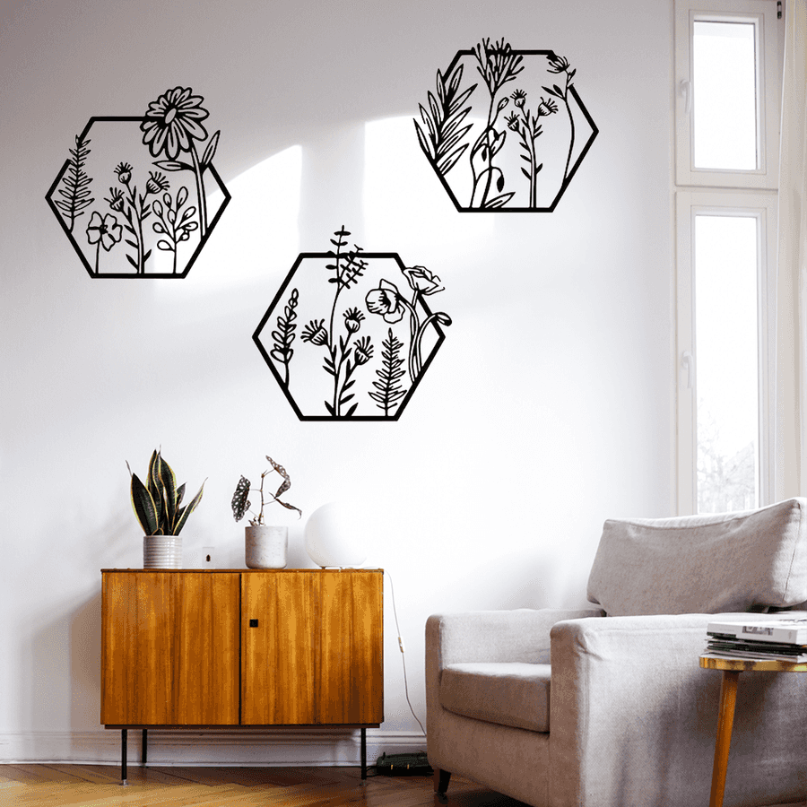 Hexagon botanical wall art set with black metal flower illustrations for modern interior