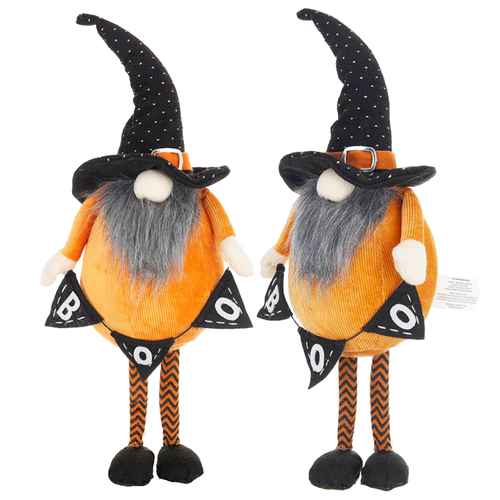 Halloween fabric gnome decor set featuring two plush gnomes with tall black polka dot hats, orange outfits, striped legs, and black shoes, perfect for seasonal home decor.
