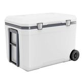 White cooler box with wheels on a white background
