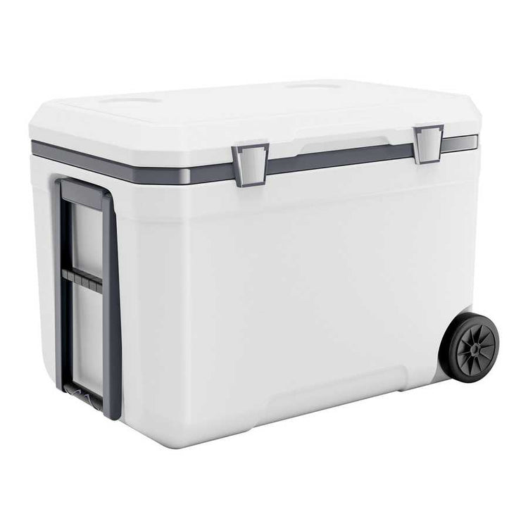 White cooler box with wheels on a white background