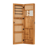 Open jewelry armoire with storage compartments and hooks