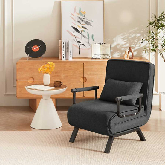 Sleep Chair Bed - Convertible Sofa Bed Chair in black linen with armrests, shown in upright chair position in a modern living room.