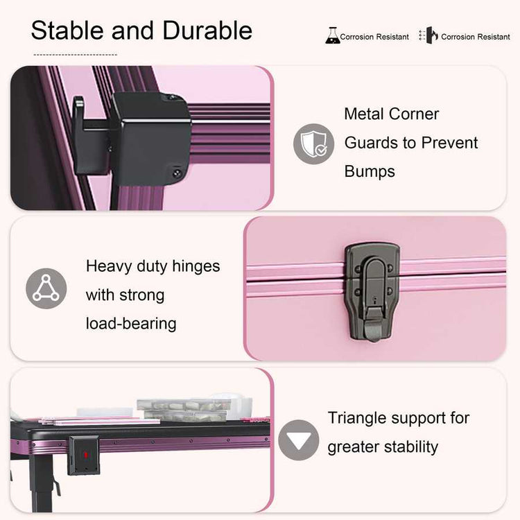 Close-up of lockable metal corner and bumper on pink nail art case