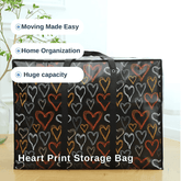 Heart print storage bag with text highlighting features on a light background