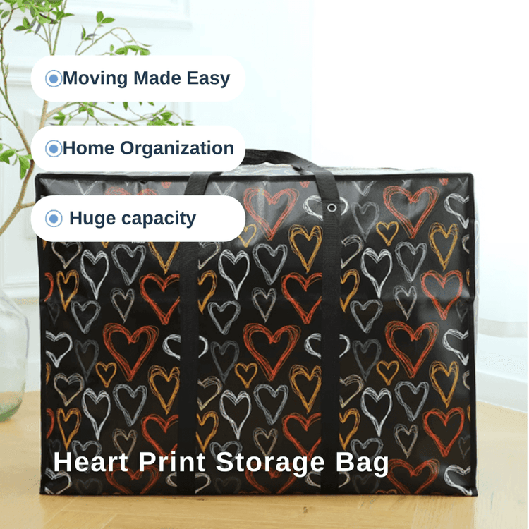 Heart print storage bag with text highlighting features on a light background